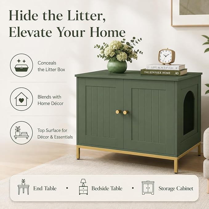 Homhedy Cat Litter Box Enclosure, Cat Washroom Furniture with Metal Frame, Pet House, Fit Most of Litter Box, Modern Style, Green and Gold
