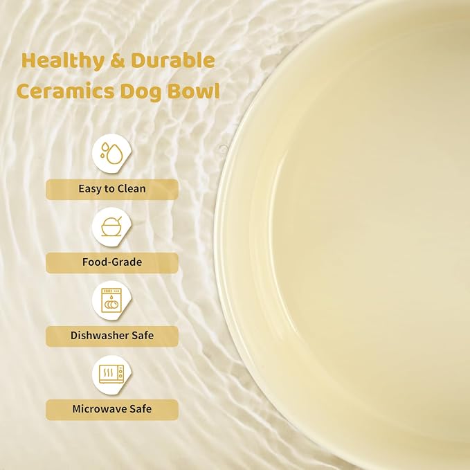 SPUNKYJUNKY Ceramics Elevated Dog Bowls with Wooden Stand - Raised Double 60OZ Cream White Bowls for Medium Large Dogs