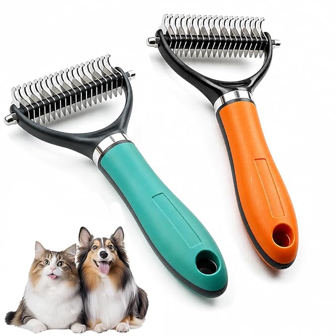 Pet Grooming Brush Tool, Double Sided Dematting Comb for Cats & Dogs, Undercoat Rake Dog Deshedding Brush, Pet Dematting Comb for Long Thick Haired Pets, Removes Tangles Knots and Loose (Mix)