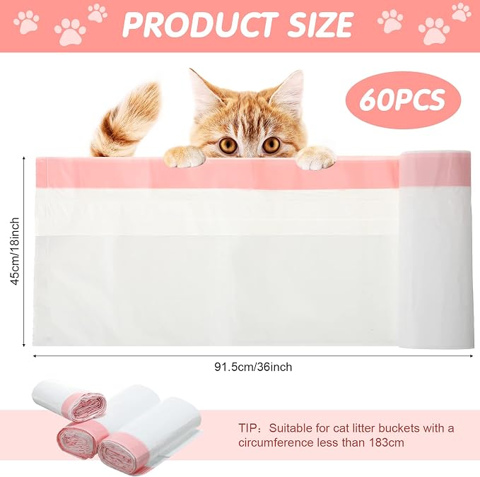Thenshop 60 Count Jumbo Cat Pan Liners 36'' x 18'' Extra Large Disposable Cat Bags Drawstring Supplies Extra Large Disposable Litter Bags Box Liners for Trash Waste(Pink)