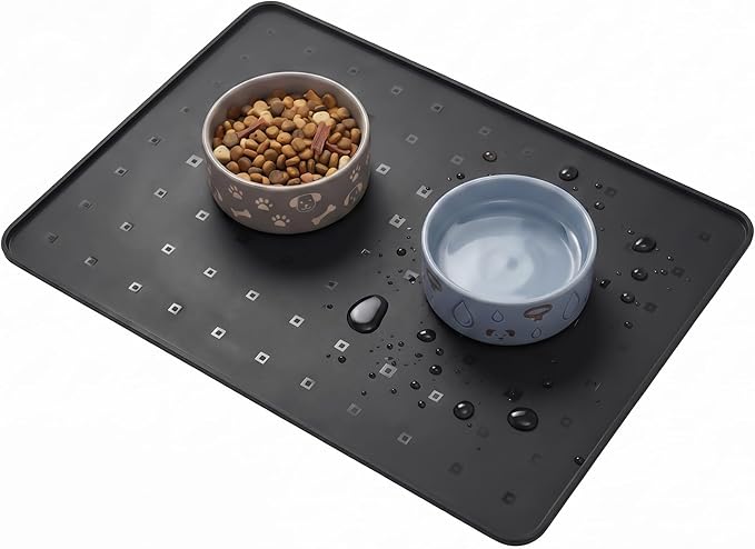 Silicone Pet Feeding Mat, 26x18 Inch Waterproof Dog Bowl Mat – Non-Slip, Machine Washable, Thin 0.28 Inch Edge for Messy Eaters, Protects Hardwood & Tile Floors, Black