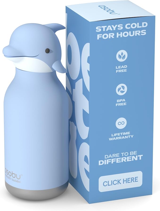 Asobu Bestie Bottle Limited Edition Collectible Kids Water Bottle with Animal Character Lid 16oz (460ml) Insulated Stainless Steel, Leakproof, Reusable with Straw Fun Gift for Girls & Boys