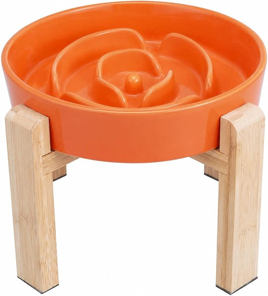 Elevated Slow Feeder Dog Bowl Large Breed, 8.8 Inch Ceramic Slow Eating Bowl with Bamboo Stand, Anti-Choking Raised Maze Design for Medium to Large Dogs, 3.2 Cup, Orange