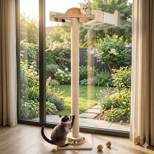 Fantasreen Cat Window Hammock 48" Adjustable Scratching Posts, Multi-Level Window Mounted Cat Tree with Natural Sisal and Track Toys for Large Cats, Climbing, Sunbathing & Bird Watching (Drill-Free)