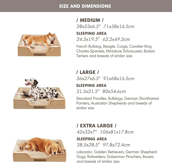 Friends Forever Orthopedic Dog Bed for Extra Large Dogs, Waterproof Memory Foam Dog Sofa Bed XL with Removable Washable Cover, Ally Khaki, 42x32x7