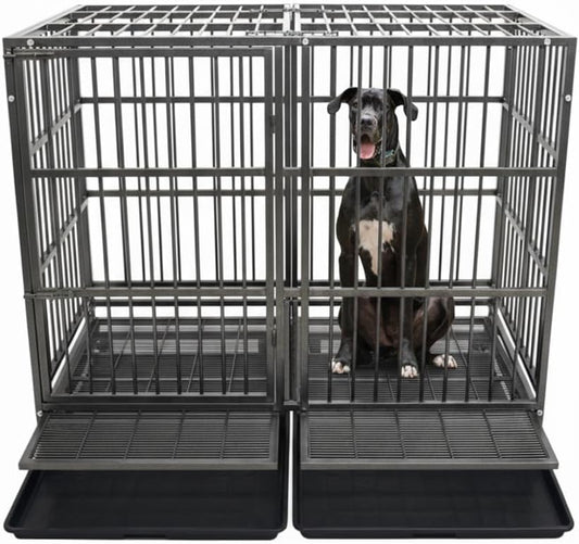 54/48/42/38 Inch Heavy Duty Dog Crate Cage with Wheels, Indestructible and Escape Proof Steel Kennel Indoor for High Anxiety Dogs with Sturdy Locks, Double Door and Tray, Extra Large XL XXL