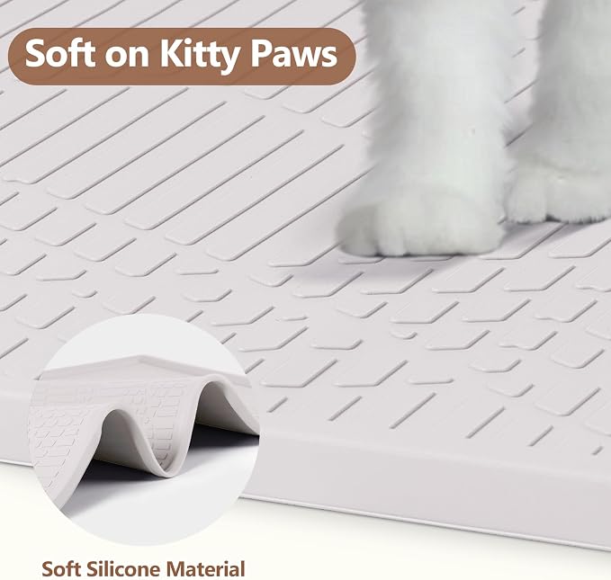 Large Cat Litter Mat with Toy Ball, 38'' x 25'' Silicone Cat Litter Trapping Mat for Scatter Control, Soft on Kitty Paws, Easy to Clean (White)