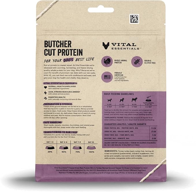 Vital Essentials Freeze Dried Dog Food Topper, Raw Turkey Ground Topper for Dogs | High Protein, Grain Free Dry Dog Food Mix-in | 6 oz Bag