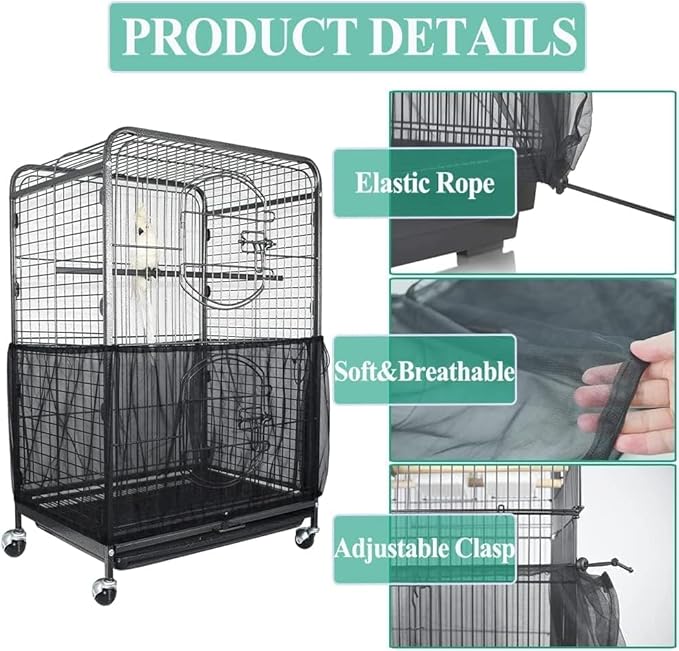 Bird Cage Seed Cather with Pet Bird Parrot Colorful Cotton Rope, Universal Adjustable Birdcage Cover Skirt Nylon Mesh Netting Parrot Parakeet Macaw African Round Square Cages Cover