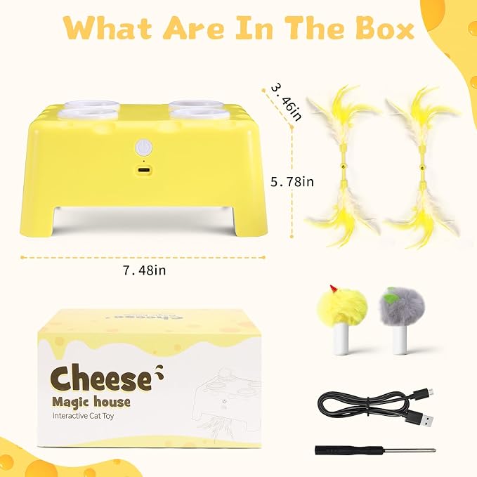 Cheese Box Interactive Cat Toy for Indoor Cats, 3-in-1 Whack a Mole Feather Toy, 3 Modes Rechargeable Auto Cat Toys for Bored Cats, 4 Holes Kitten Toy, 4 Accessories (Yellow)