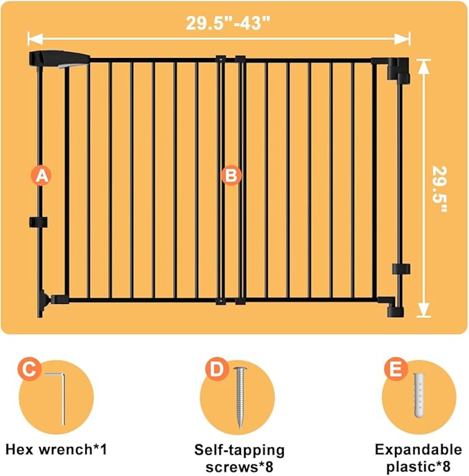 DEARBB 29.5-43.3" No Bottom Bar Baby Gate Large Walk Thru Door Auto Close Safety Wall Mount Metal Dog Gate Stairs House and Doorways Elders and Pets-Black (Black, 29.5-43.3" W x 29.5" H)