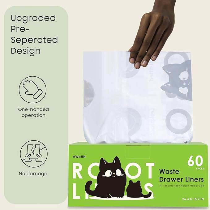 60 Tidy Draw-Pack Cat Litter Box Robot Model 5/4/3 Waste Bags,Tear-free, Sensor-compatible, Automatic Litter Box Bags, Thick Heavy Duty Cat Litter Box Liner Bags 26.3 X15.7 IN