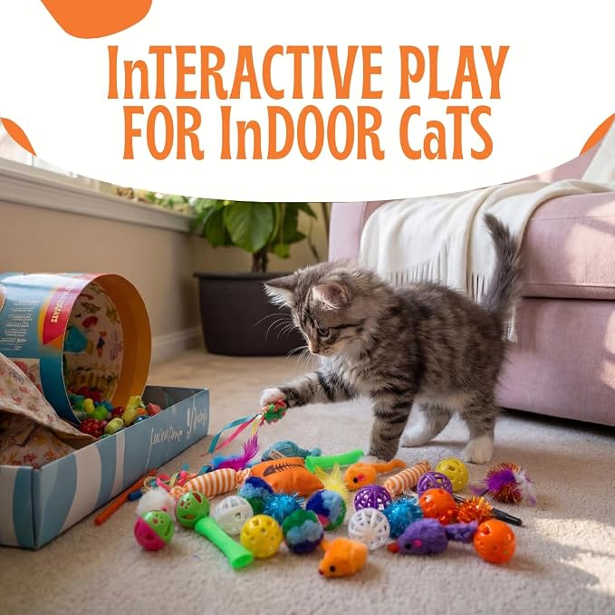 Kitty Catnip Toys- 30 Interactive Cat Toys for Indoor Cats & Kittens – Crinkle Balls, Sparkle Pom Pom Balls, Spiral Springs, Cat Mice, Teaser Wand, Kitten Toys, Cat Accessories - Variety Pack