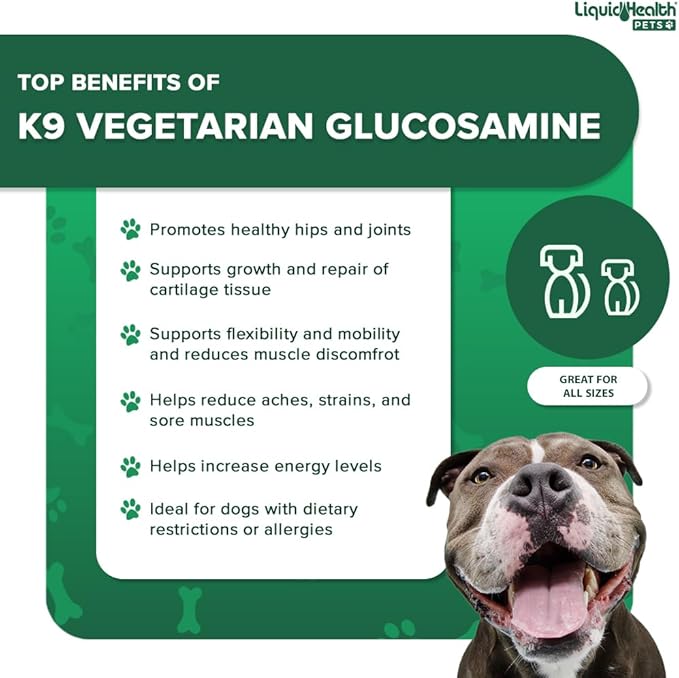 LIQUIDHEALTH Pets K9 Vegetarian Liquid Glucosamine Juice for All Dogs Canines with Chondroitin, MSM, Omega 3, Antioxidants, Hyaluronic Acid - Dog Vitamin Oil for Hip & Joint Health - USA Made (3 Pack)