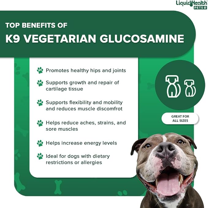 LIQUIDHEALTH 128 Oz K9 Vegetarian Liquid Glucosamine for All Dogs Canines - Chondroitin, MSM, Omega 3, Anti Oxidants Hyaluronic Acid – Joint Health, Dog Vitamins Hip Joint Juice, Joint Oil - 1 Gallon