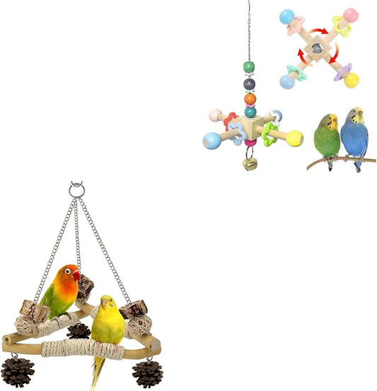 2pc Spinner Toys and 3-Sisal Perch Swing Set – Interactive Wooden Chew Toys with Bells and Balance Training for Parakeets Cockatiels Conures Lovebirds Quaker