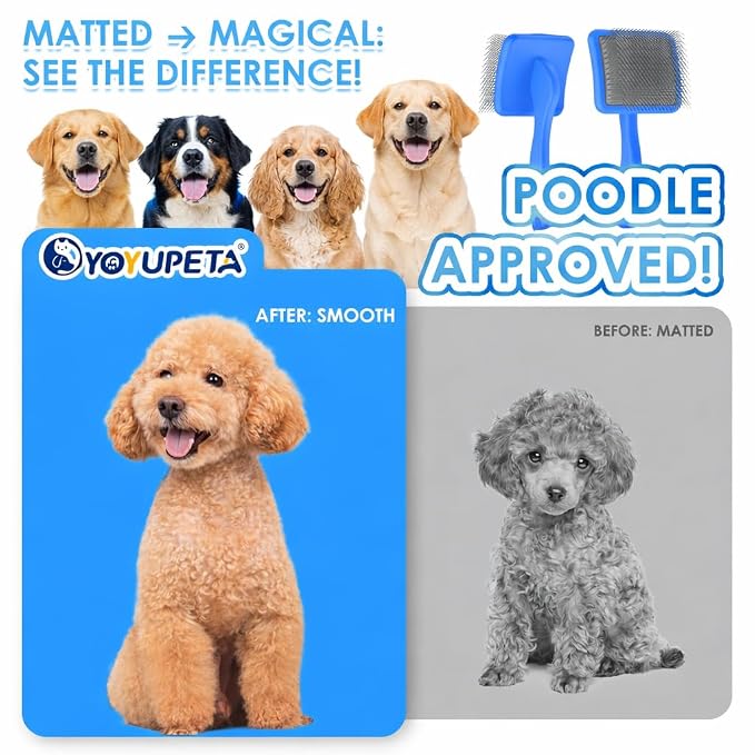 Large Dog Slicker Brush for Goldendoodles, Poodles - 3 in 1 Grooming Kit with Undercoat Rake, Comb - Extra Long Pins for Dematting Great Pyrenees, Thick Coats, Shedding, Detangling, Blue