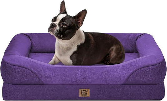 Chez Paw Orthopedic Dog Bed for Medium & Large Dogs, Waterproof Egg-Crate Foam Dog Bed with Removable Washable Cover, 4-Sided Bolster Support & Non-Slip Bottom, Purple 36"x27"x7"