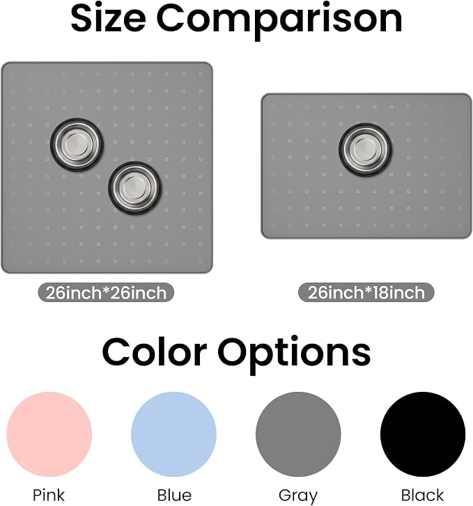 Silicone Pet Feeding Mat, 26x18 Inch Waterproof Dog Bowl Mat – Non-Slip, Machine Washable, Thin 0.28 Inch Edge for Messy Eaters, Protects Hardwood & Tile Floors, Dark Grey