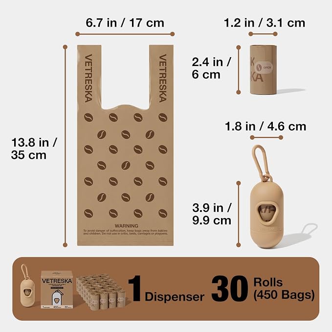 VETRESKA Dog Poop Bags with Handles 450 Count, Coffee Scented Waste Bags, Leak-Proof Thick Dog Bags for Poop, Easy-Tie Large Poop Bags, 30 Refill Rolls with 1 Dispenser for Dog Walking Cat Litter