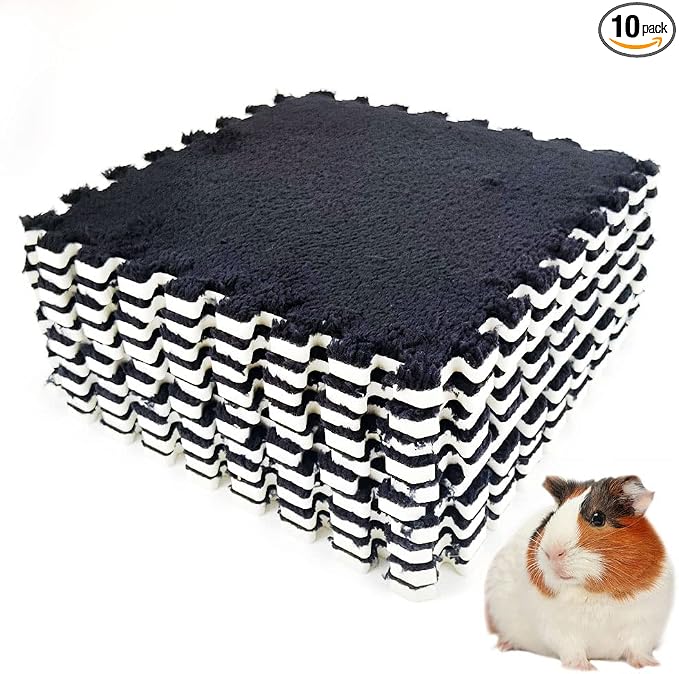 10Pcs 11” x 11” Guinea Pig Pads Washable, Reusable Guinea Pig Fleece Cage Liners, Soft Warm Rabbit Sleep Mat Blanket Bed (Black)