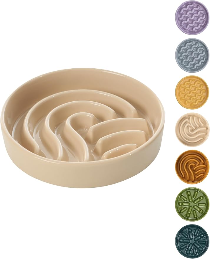 Ceramic Slow Feeder Dog Bowl, Maze Puzzle Non-Slip Silicone Base Stoneware Bowl for Small Medium Dogs, Heavy Duty Anti-Bloat Dog Food Bowl Dishwasher Safe – Apricot, Medium