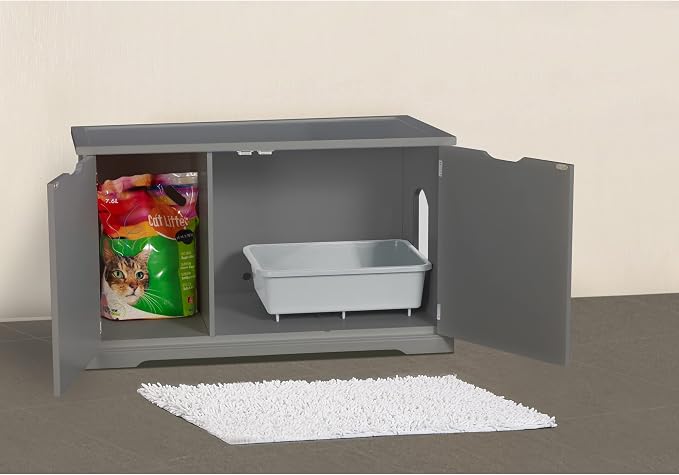 Merry Products Adjustable Pet Cat Washroom Storage Bench Furniture with Removable Partition Wall for All Size Litter Boxes, Gray