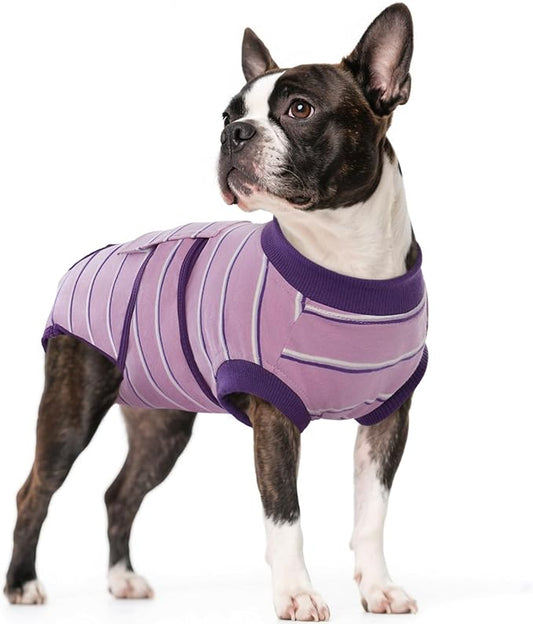 Kuoser Dog Surgery Recovery Suit, Soft Breathable Dog Recovery Suit for Female Spay Male Nueuter, Anti Licking Puppy Onesie Pet Surgical Suit for Dogs Abdominal Wounds Skin Disease, Purple Strips S