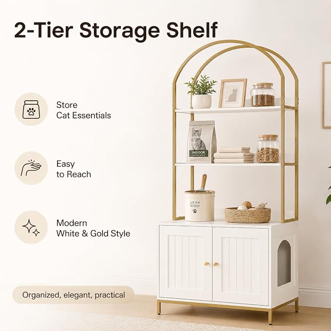 Homhedy Cat Litter Box Enclosure, Litter Box Furniture Hidden with 2-Tier Storage Shelves, Wooden Cat Washroom Furniture with Metal Frame, Modern Style, White and Gold