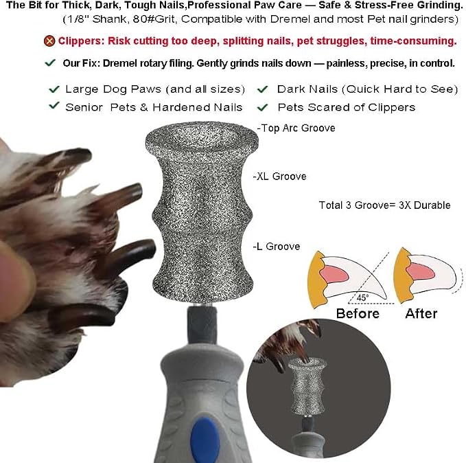 Diamond Dog Nail Grinder Bits Attachments for Dremel 7760 7350 7300 - 1/8'' 80 Grit Replacement Heads Refills & Tip for Most Pet Grinders - Painless & Safe for All Dogs Cats Thick Tough Nails Grooming | Safe Grooming Diamond Bit, Smooth Thick Dog Nails...