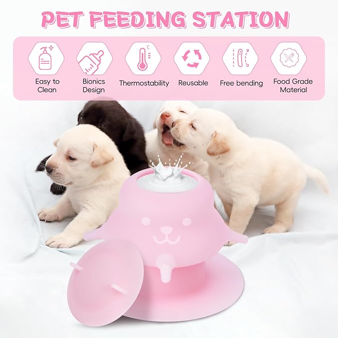 2Pcs Puppy Milk Feeder Nursing Station, Dispenser Food Grade Silicone with 4 Dummy Nipples 230ml Capacity for Newborn Puppies, Rabbits, Kittens (Pink, Yellow)