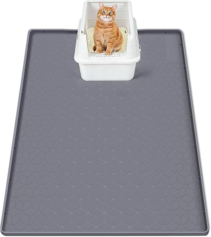 SORKUT Cat Litter Mat 34x22 Inch, Large Silicone Litter Box Mat for Floor Protection, Waterproof & Non-Slip, Soft for Cat Paws, Easy to Clean, Leak-Proof Edge, Gray