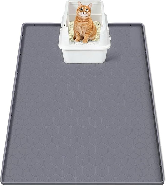 SORKUT Cat Litter Mat 34x22 Inch, Large Silicone Litter Box Mat for Floor Protection, Waterproof & Non-Slip, Soft for Cat Paws, Easy to Clean, Leak-Proof Edge, Gray