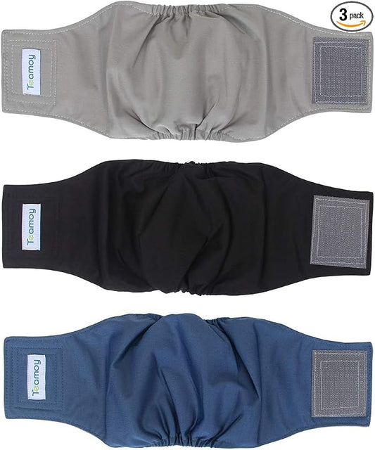 Teamoy 3 Pack Male Dog Diaper Wrap with Gray Lining, Washable Puppy Belly Bands, Super-Absorbent and Comfortable(XS,7"-9" Waist)