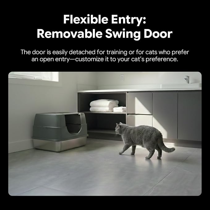 Solpobei Stainless Steel Cat Litter Box with Lid, Covered Pan, Medium | Metal cat box, small enclosed pan, 18.7 in length, high sided, odor control