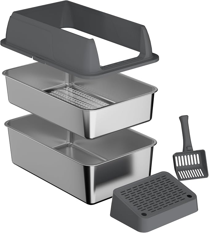 Gimars Stainless Steel Sifting Litter Box with lid-Dark Gray