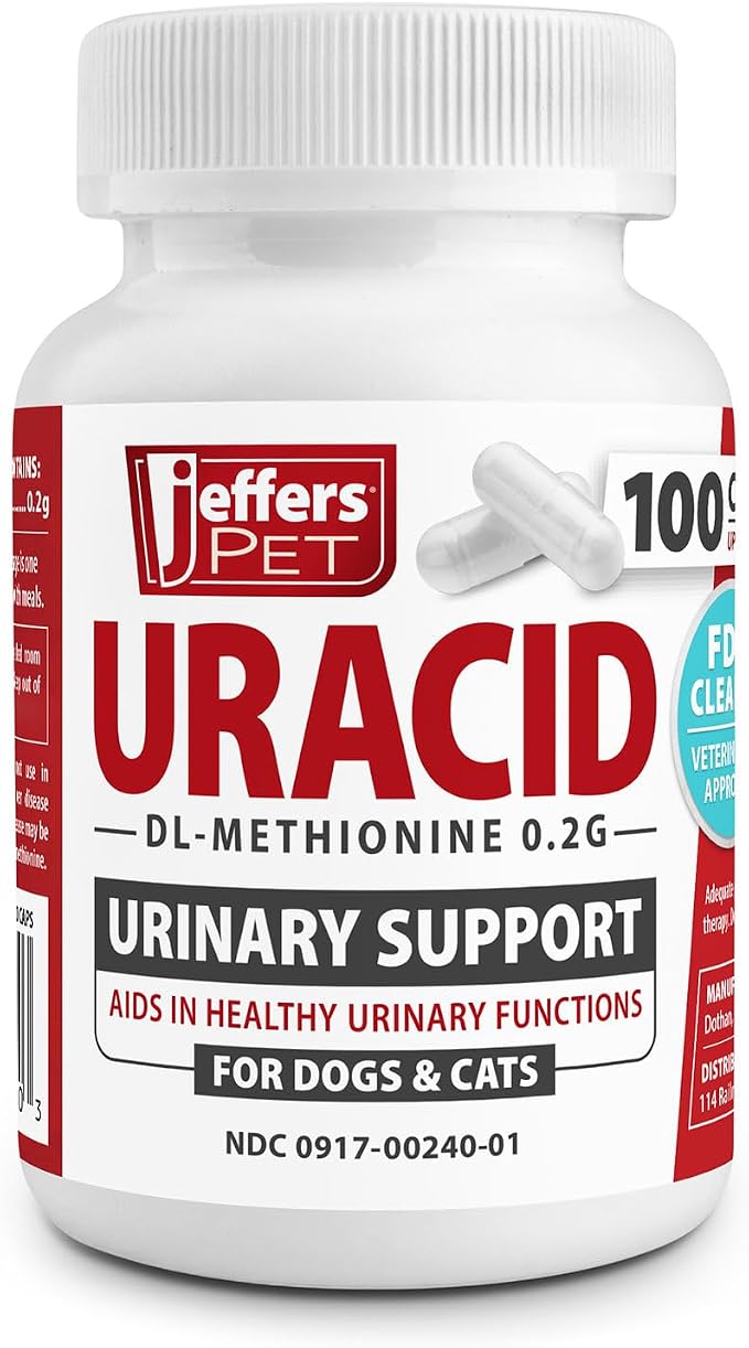 Jeffers Pet Uracid DL-Methionine Capsules for Dogs & Cats, Urinary pH Acidifier for Crystals, Bladder Stones, Urinary Tract Support, Fast Acting Urinary Health Supplement, Made in USA - 100 Capsule