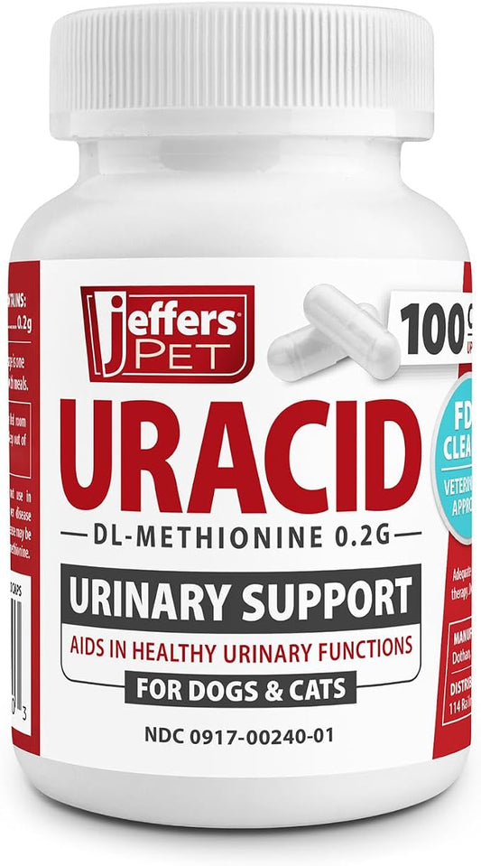 Jeffers Pet Uracid DL-Methionine Capsules for Dogs & Cats, Urinary pH Acidifier for Crystals, Bladder Stones, Urinary Tract Support, Fast Acting Urinary Health Supplement, Made in USA - 100 Capsule