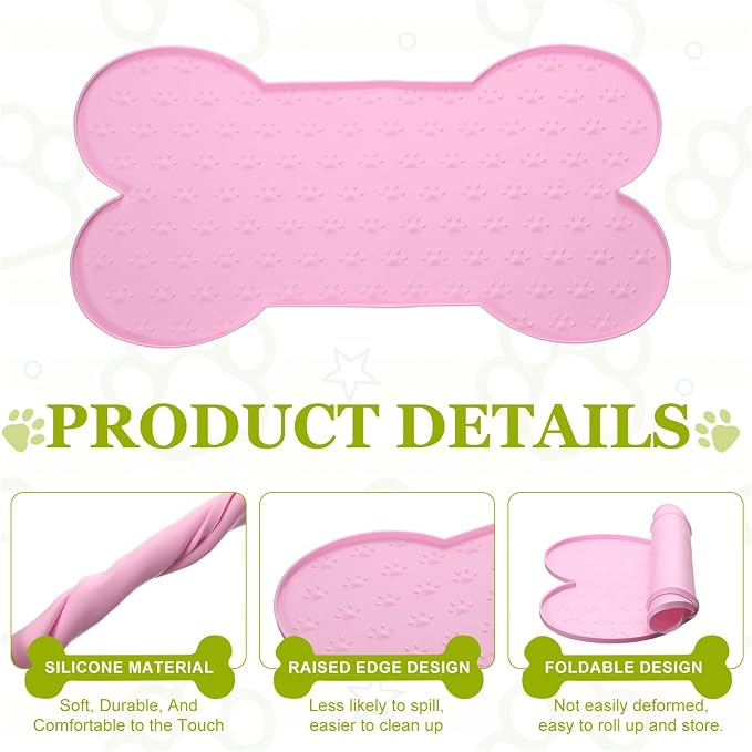 Dog Food Mat, 20x10 Inch Silicone Pet Feeding Mat Non-Slip Bone Shaped Waterproof Dog Water Bowl Tray Raised Edge Protects Floors (Pink), Intended for Pets Bowl/Fountain