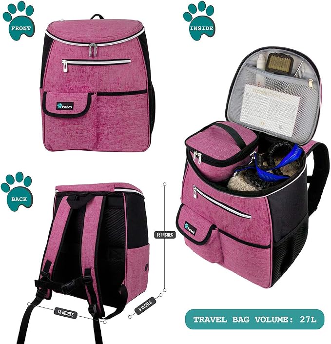 PetAmi Dog Travel Bag Backpack, 27L Airline Approved Pet Supplies Organizer with 2 Food Containers, 2 Collapsible Bowls & Poop Bag Dispenser, Weekend Road Trip Camping Dog Mom Gift, Pink