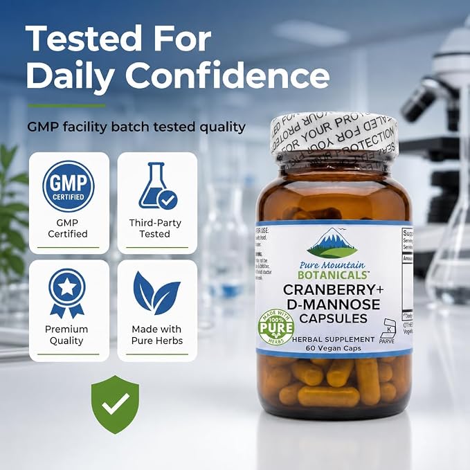 Pure Mountain Botanicals D Mannose with Cranberry Capsules - 60 Count Vegan Kosher - 1000mg D-Mannose for Urinary Tract Health - DMannose 1000mg with Vitamin C for Women and Men