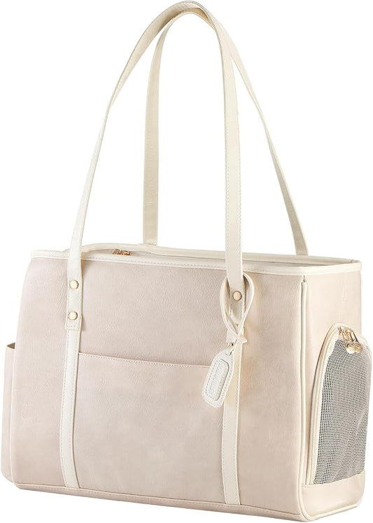 Fashion Dog Carrier Purse, Premium Leather Cat Carrier Bag, Airline Approved Soft Sided Pet Travel Tote Bag with Pockets Beige