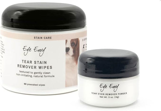 Eye Envy Tear Stain Wipes (60 Ct) and Tear Stain Remover Powder (.5oz) for Dogs. Gently Cleans Tear Stains, Recommended by AKC Breeders, Groomers
