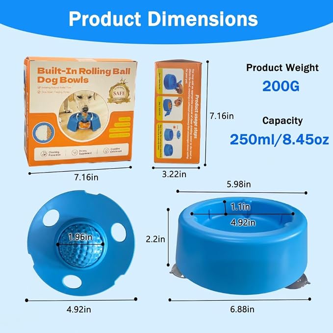 Lick and Roll Bowl,Slow Feeder Lick Bowls for Dogs, Dog Lick Bowl with Ball, Dog Licking Toy for Wet Food、 Water、 and Snacks, Suitable for Large to Small Dogs、 Cats、 Puppies、and Pets（Blue.