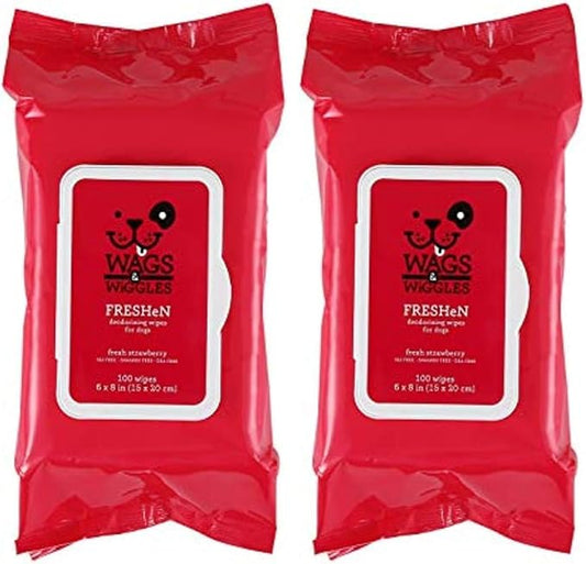 Wags and Wiggles Freshen Deodorizing Wipes for Dogs, Fresh Strawberry Scent - Dog Wipes that Eliminate Odors Between Baths, Easy at-Home Grooming, Dogs and Puppies, 100 Count (Pack of 2)
