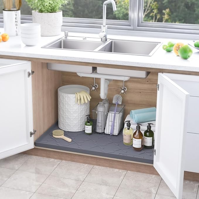 SIKADEER Waterproof Under Sink Mat 22x19, Raised Edge Silicone Mat Under Sink Shelf Liner, Sink Protector Kitchen Cabinet Tray for Bathroom Vanity and Small Cabinets, Cat Food Mat