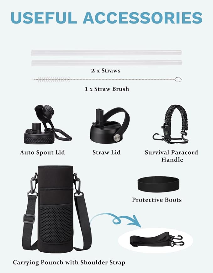 BENZZO Insulated Water Bottle 40oz - Triple Wall Metal Water Bottles with Straw & Spout Lid, Paracord Handle, Bottle Carrier Bag, Water Bottles Stainless Steel 40 oz