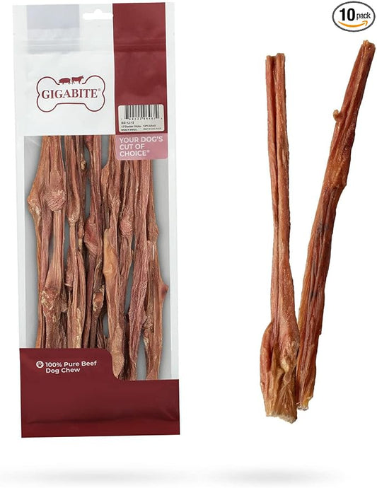 GigaBite Beef Esophagus Dog Treats - Natural Gullet Sticks for Dogs, High Protein Single Ingredient Dog Chews, Rawhide Free Dental Dog Treats for All Dog Breeds - Sticks (12 Inch), Pack of 10