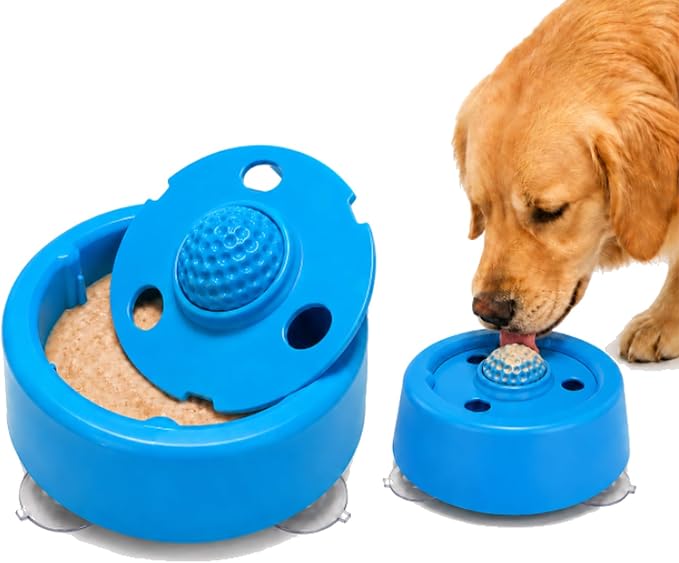Dog Lick Bowl, 8 oz Slow Feeder Dog Bowls for Liquid Treats, Non Slip Dog Lick Ball with Built-in Rolling Ball, Lick Ball Bowl for Bone Broth Yogurt Dietary Supplement (Blue)