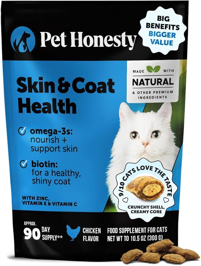 Cat Skin & Coat Supplement Crunchy Creamy Chews - Salmon Oil for Cats Omega 3 Itchy Dry Skin Relief - Feline Shedding Control - Biotin Vitamins for Indoor Cats Shiny Soft Coat (90-Day Supply)